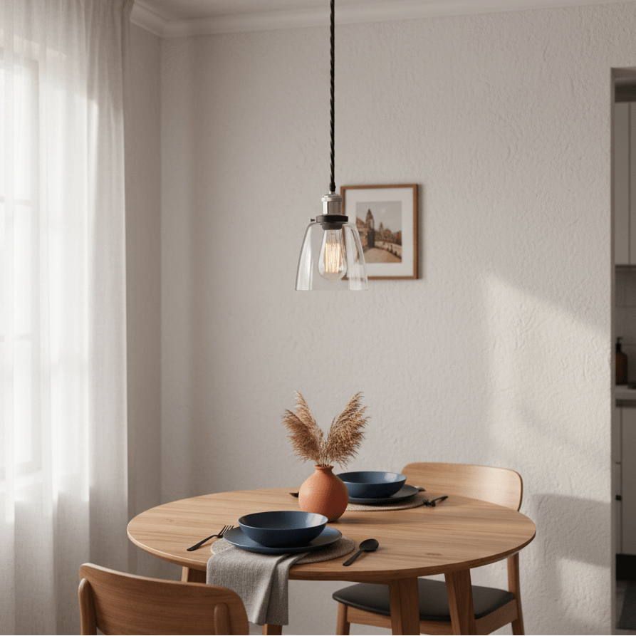Satin chrome pendant light with clear glass shade hanging above a wooden dining table set with blue plates.