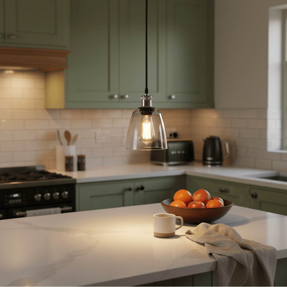 Satin chrome pendant light with clear glass shade hanging over a kitchen island with a bowl of oranges.