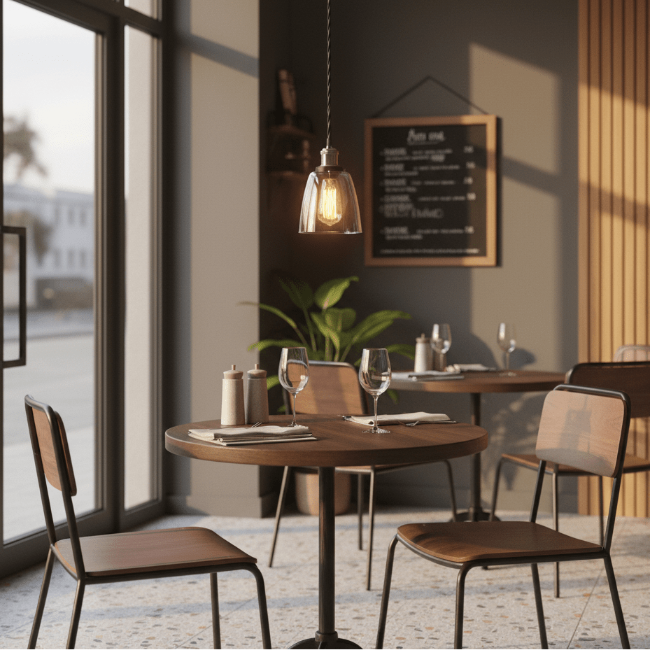 Satin chrome pendant light with clear glass shade hanging over a wooden dining table in a modern restaurant setting.