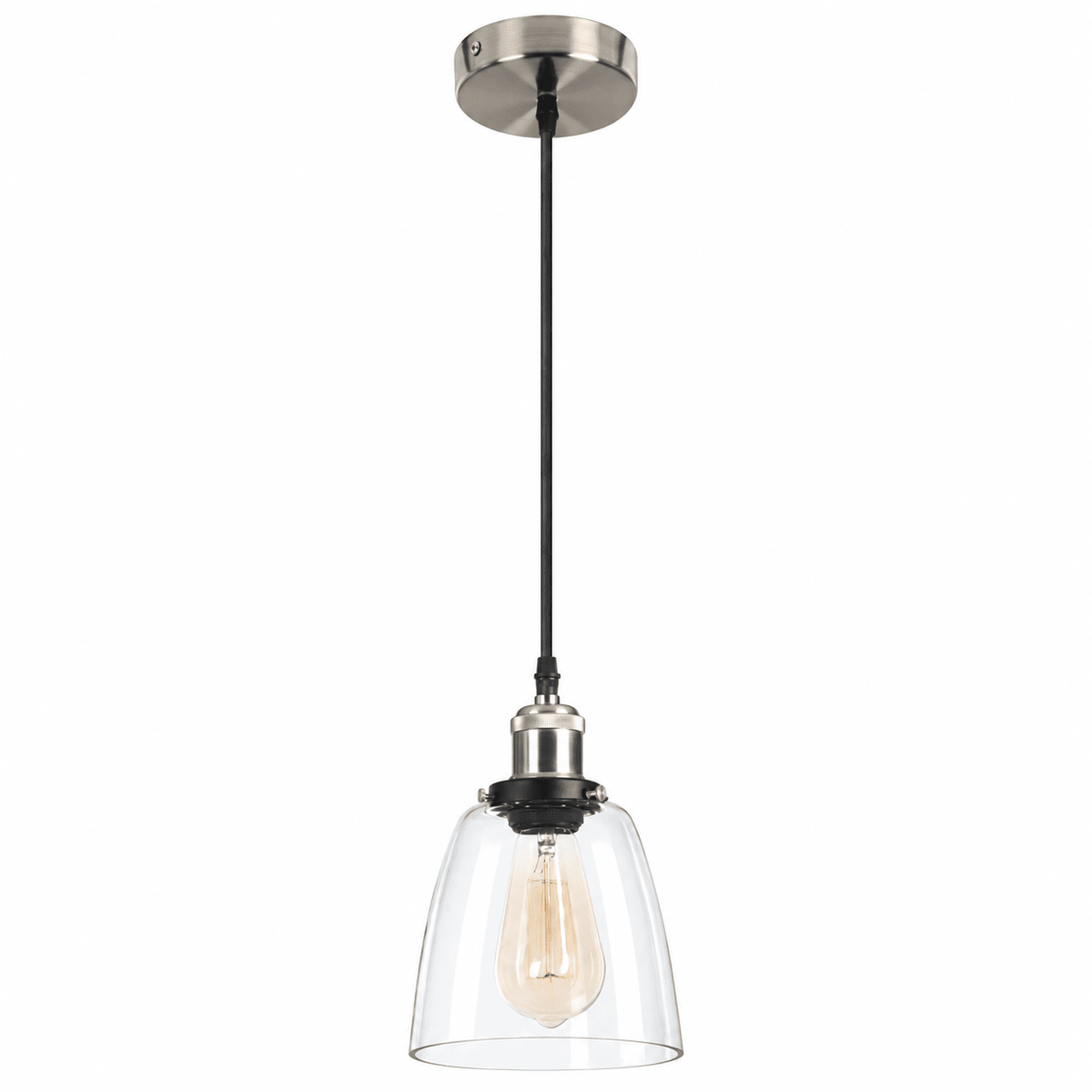 Satin chrome pendant light with clear glass shade and bulb on a white background