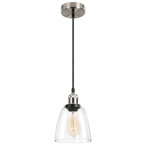 Satin chrome pendant light with clear glass shade and bulb on a white background