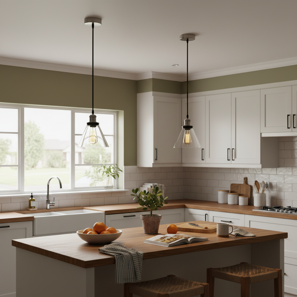 Satin chrome pendant light with clear glass shade hanging over a modern kitchen island with wooden countertop.