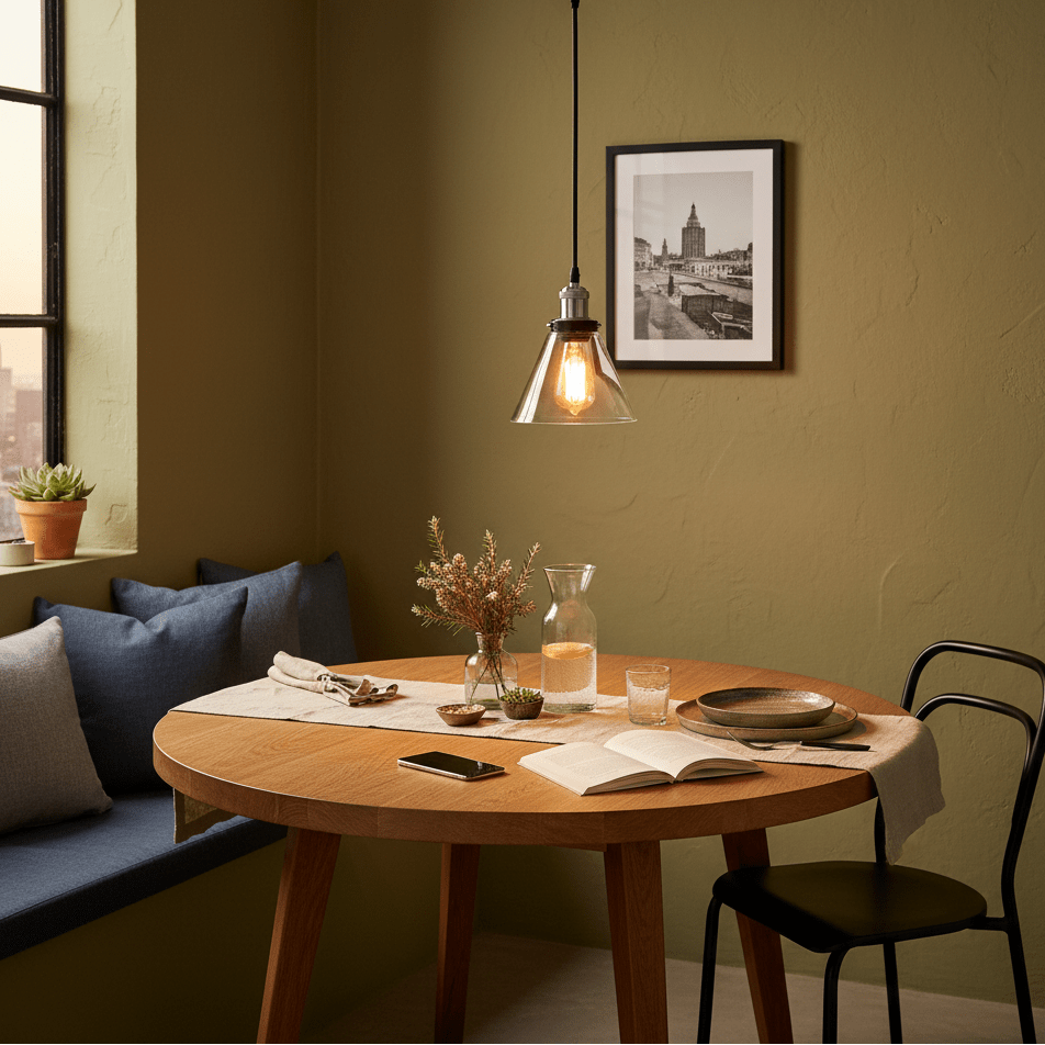 Satin chrome pendant light with clear glass shade hanging above a wooden dining table set with decor.