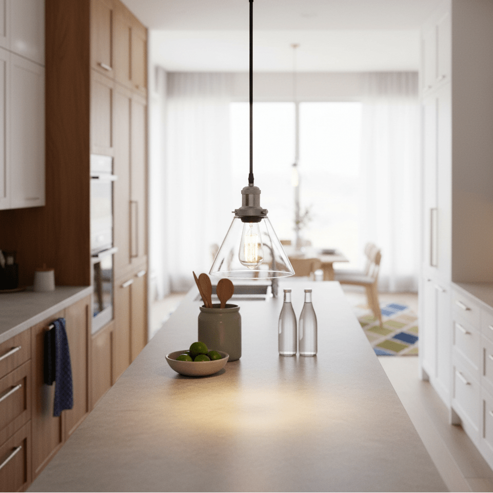 Satin chrome pendant light with clear glass shade hanging over a kitchen island, featuring kitchen items and a bright