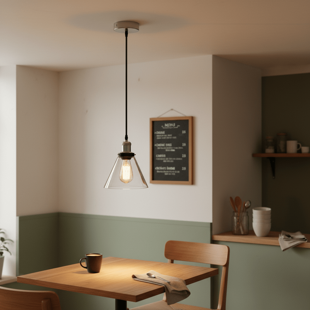 Satin chrome pendant light with clear glass shade hanging above a wooden dining table in a modern kitchen.