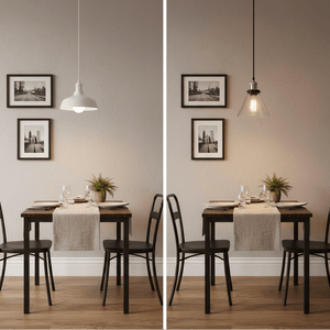 Comparison of two pendant lights above a dining table, showcasing a satin chrome and clear glass design.