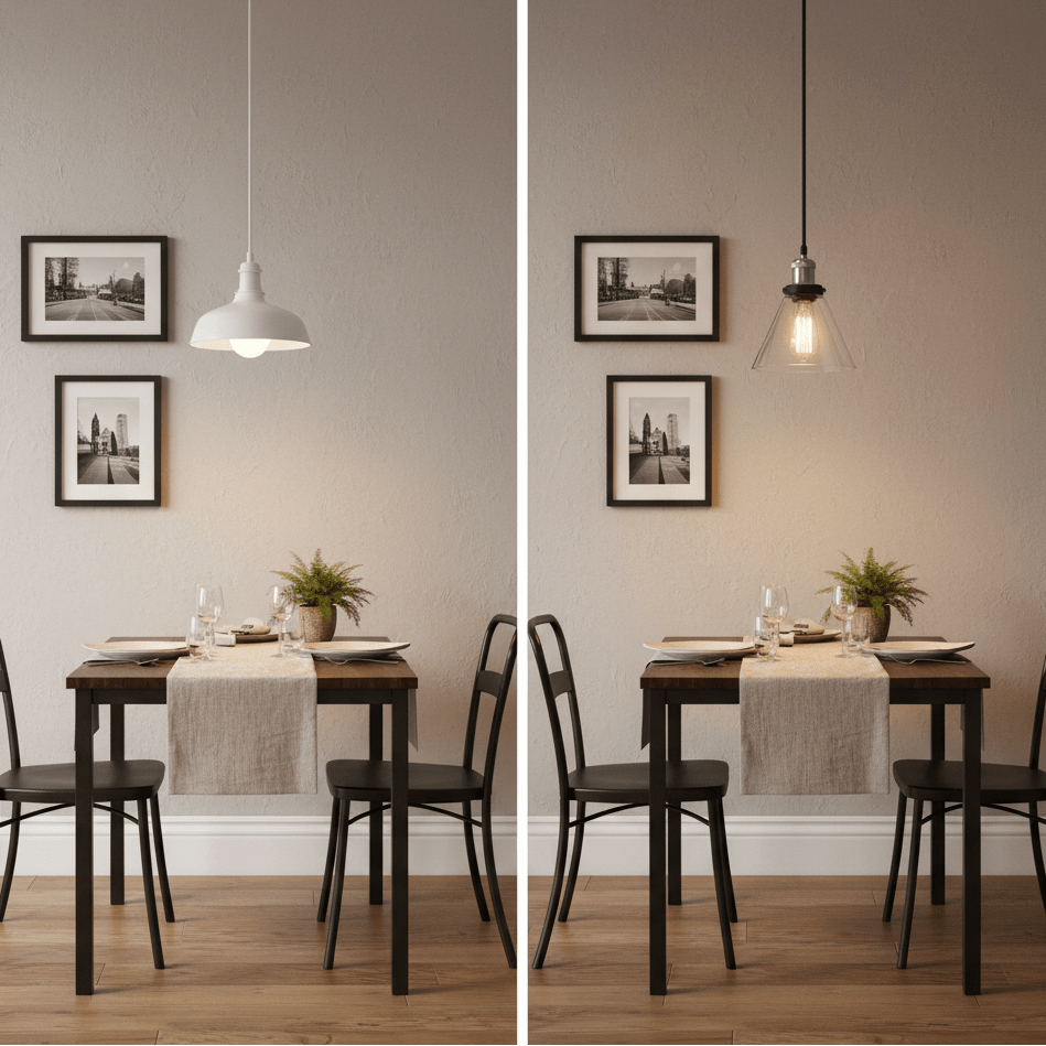Comparison of two pendant lights above a dining table, showcasing a satin chrome and clear glass design.