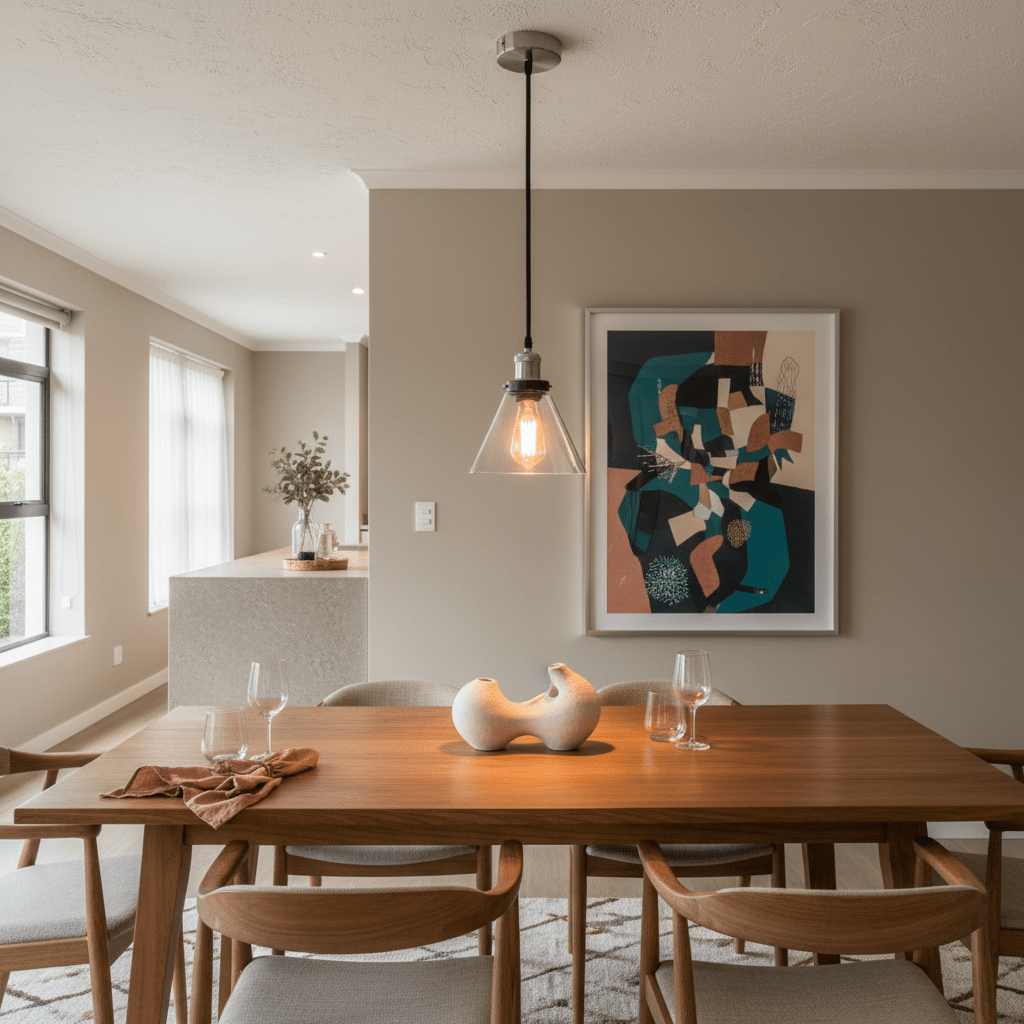 Satin chrome pendant light with clear glass shade hanging above a wooden dining table, featuring modern decor.