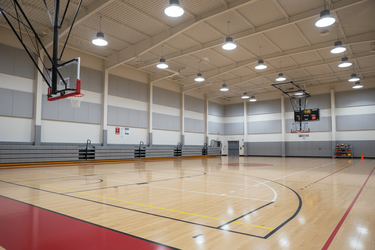 LED high bay lights illuminating a spacious indoor basketball court with clear visibility.