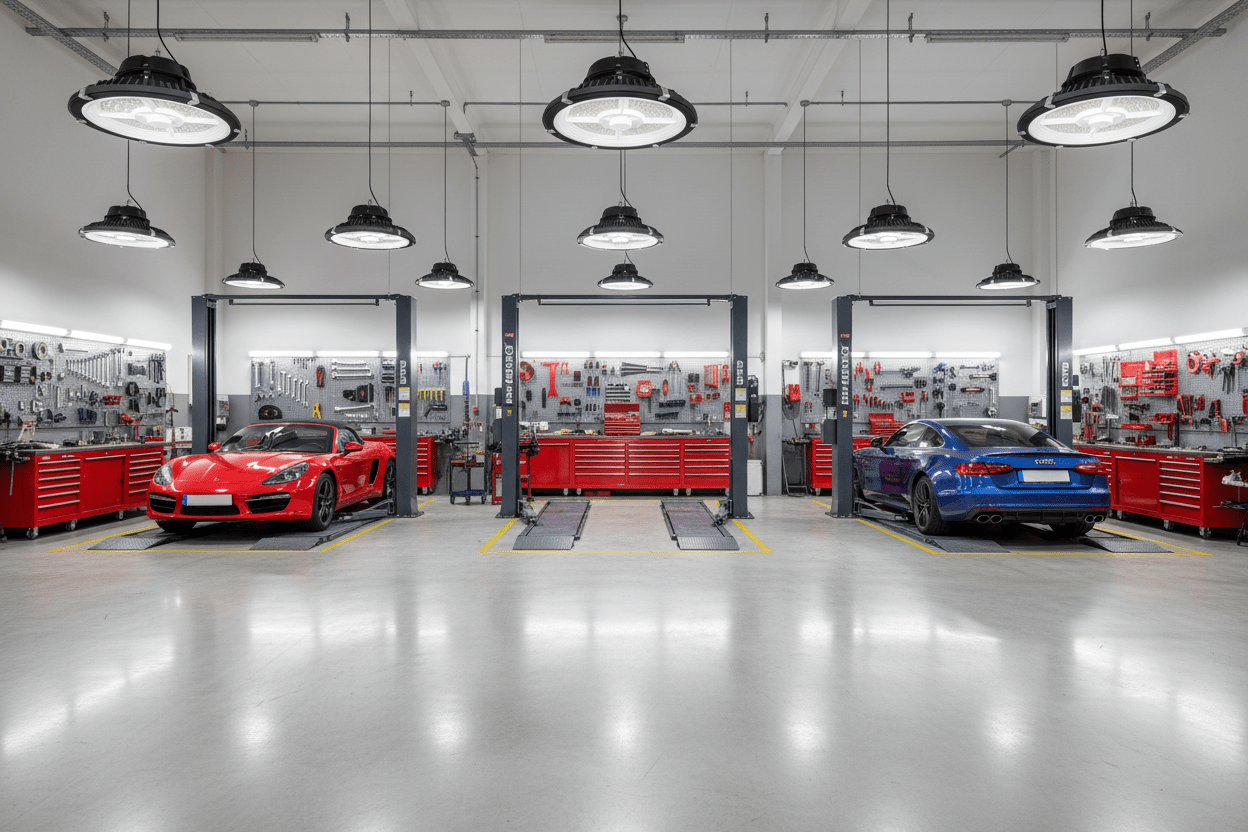 LED high bay lights illuminating a modern automotive workshop with red and blue cars.
