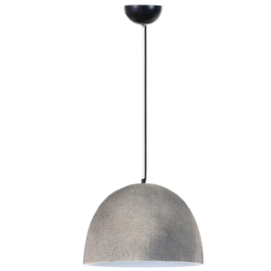 Pendant light with gray concrete-like shade and black fixture on a white background