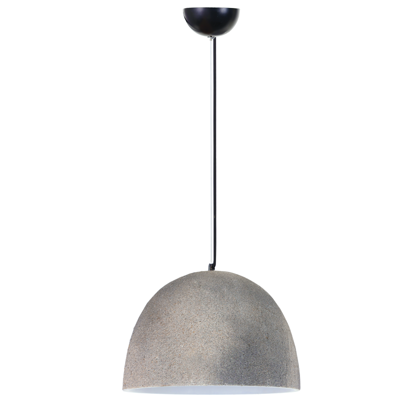 Pendant light with gray concrete-like shade and black fixture on a white background