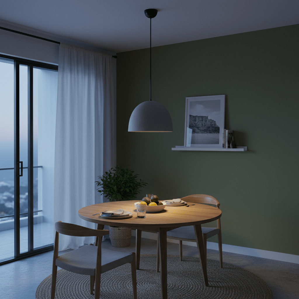 Pendant light styling ideas for Cape Town homes, smoke glass pendant over dining table, warm LED glow, realistic 800x800 interior with terracotta, deep green and brass accents