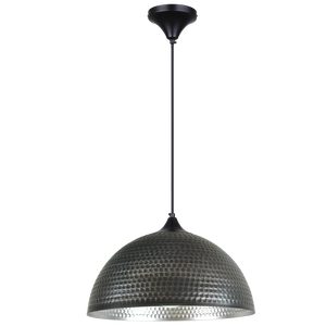 Black pendant light with textured shade on a white background
