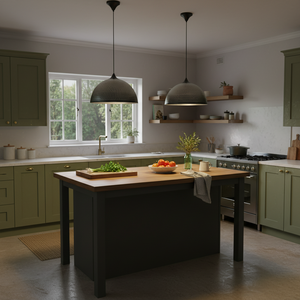 Modern kitchen with a central island, green cabinets, and pendant lights.
