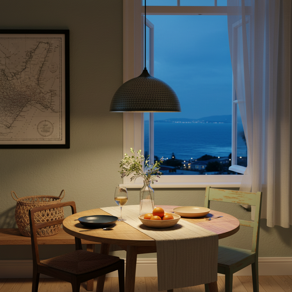 Dining room with a round table set for a meal, large window showing a night view of a town.