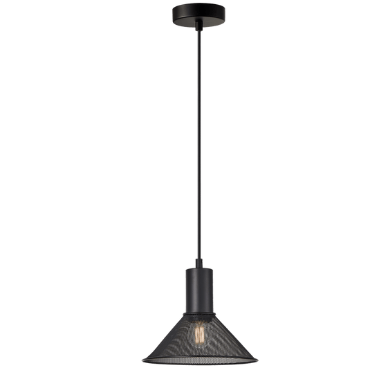 Black iron pendant light with a conical shade and visible bulb, suspended from a matching ceiling cup.