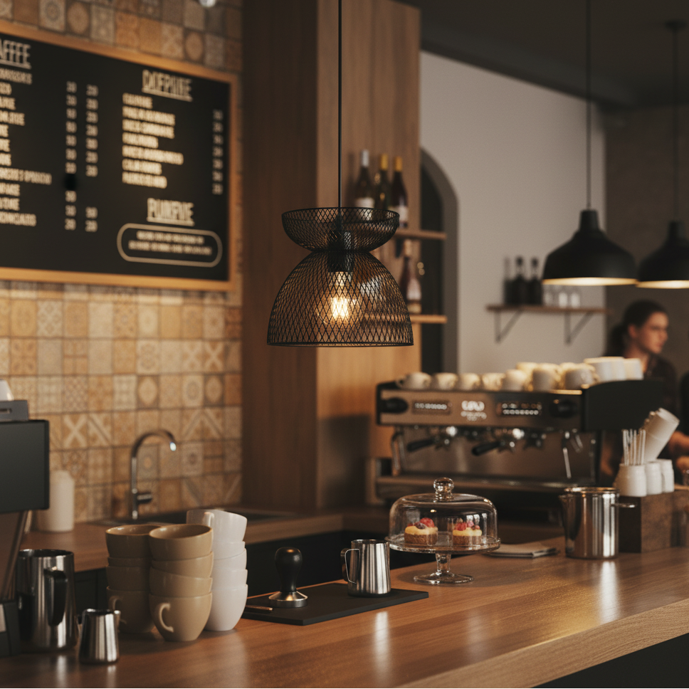 Black iron pendant light hanging over a coffee shop counter with stacked cups and pastries.
