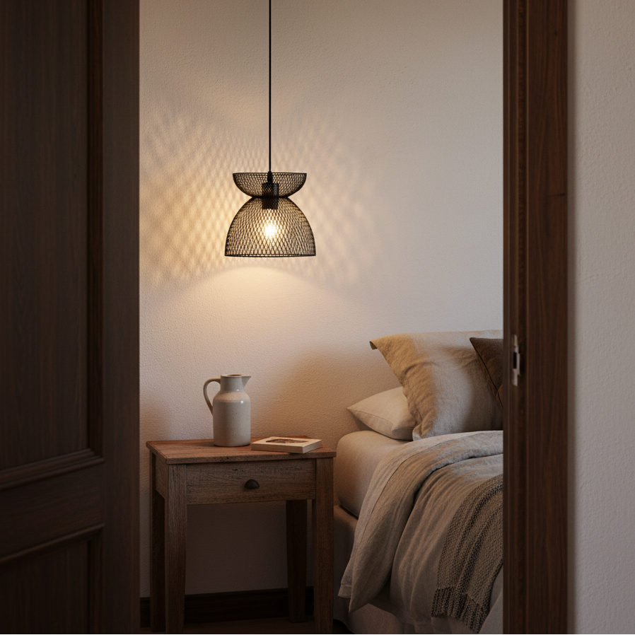 Black iron pendant light hanging above a bedside table with a pitcher and book, casting soft shadows.