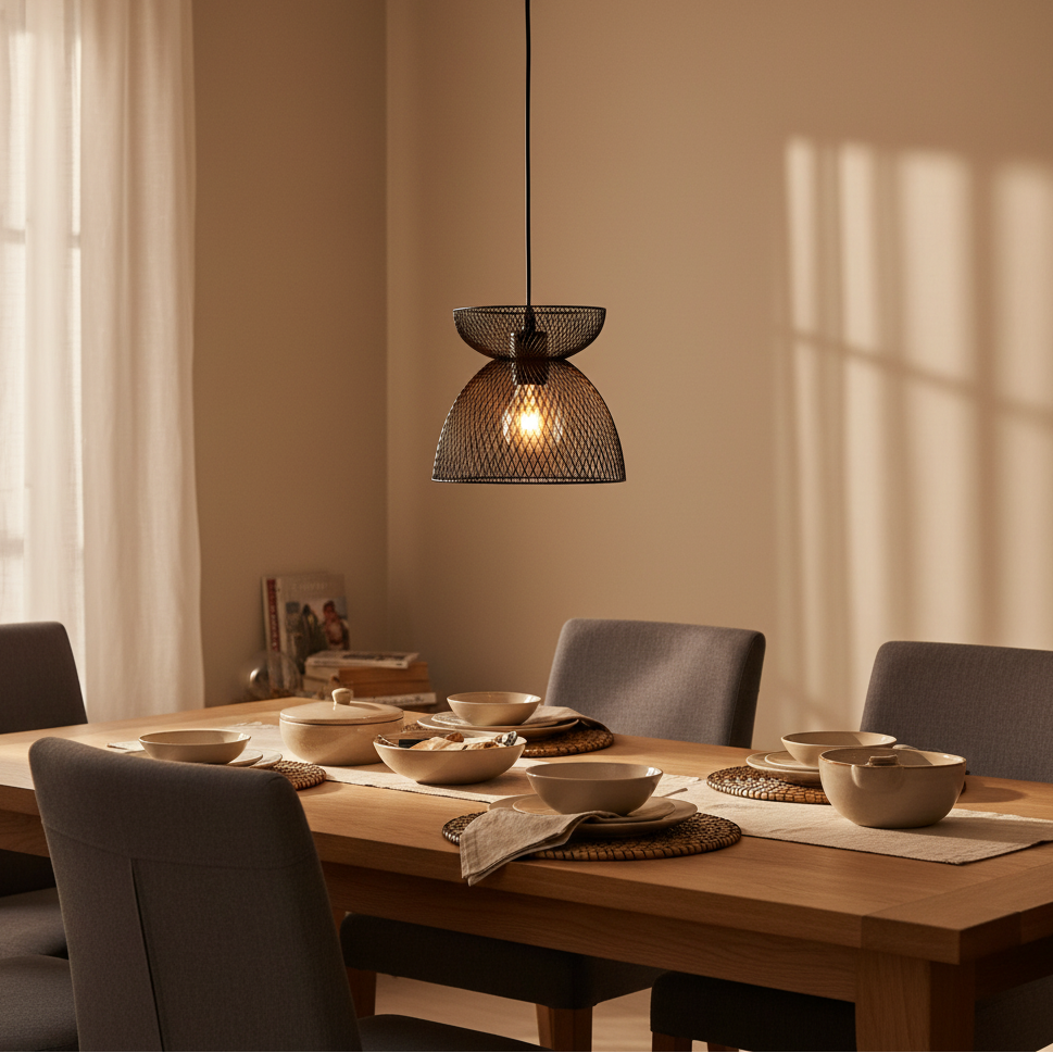 Black iron pendant light hanging above a dining table set with bowls and placemats.