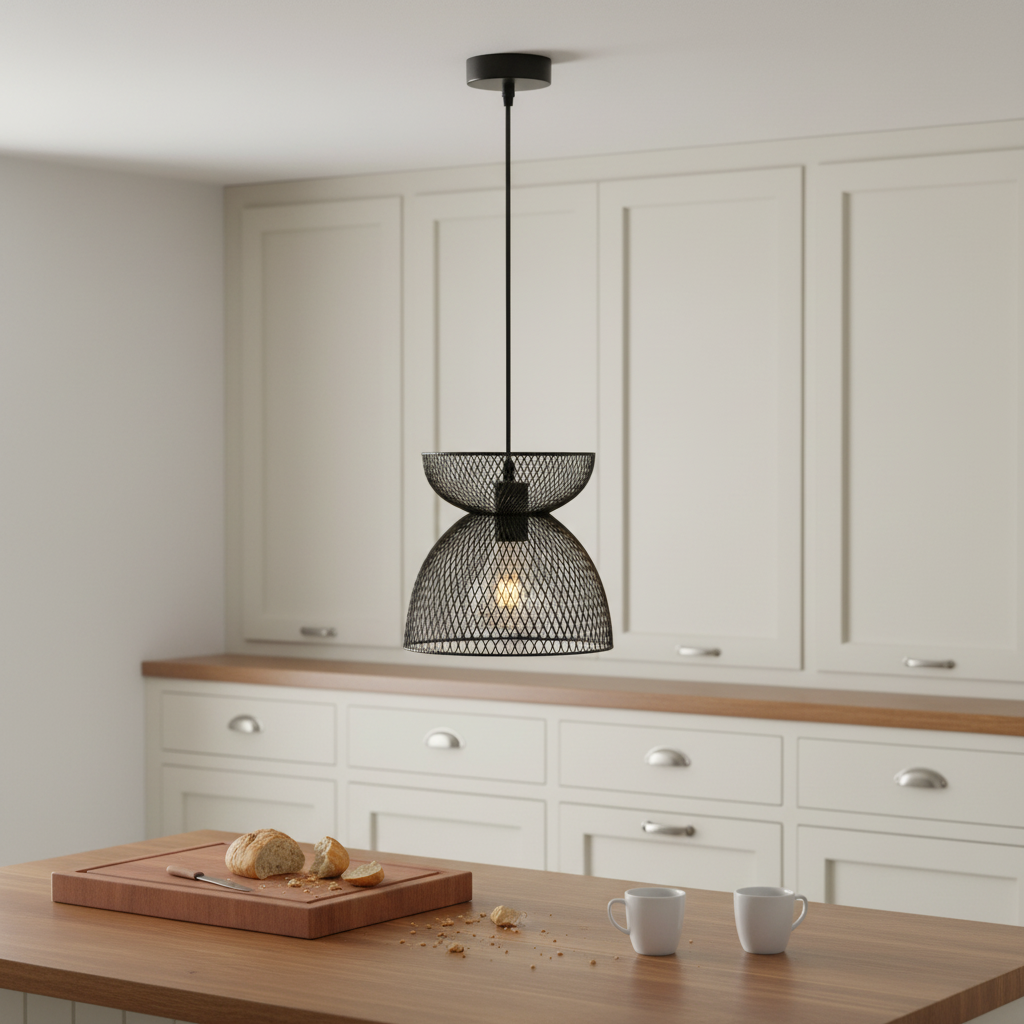 Black iron pendant light hanging above a wooden kitchen island with bread and cups.