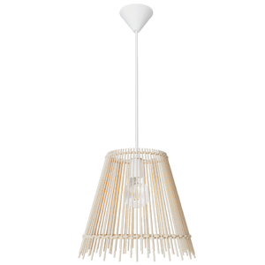 Pendant light with natural wood-like shade on a white background