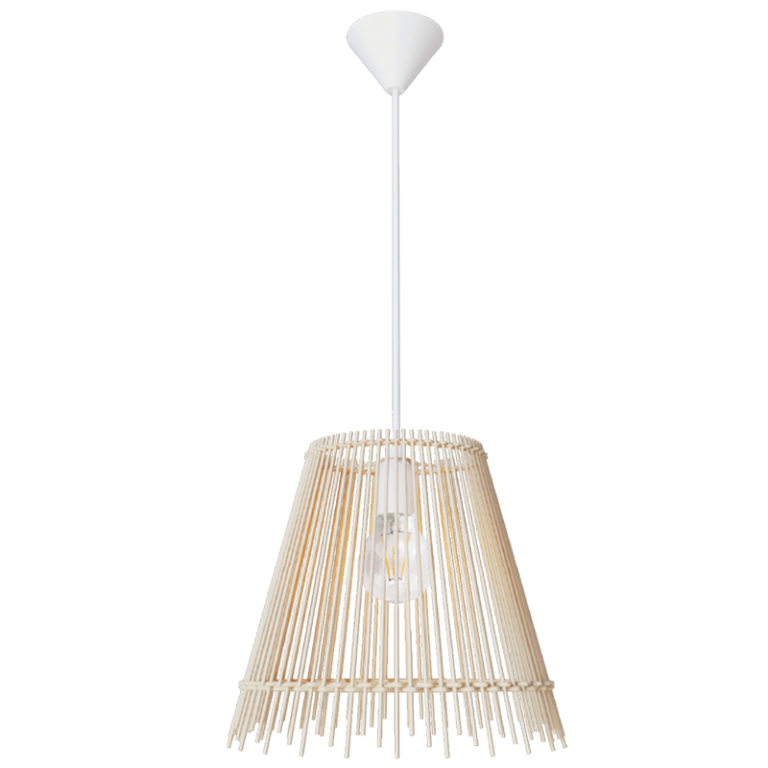 Pendant light with natural wood-like shade on a white background