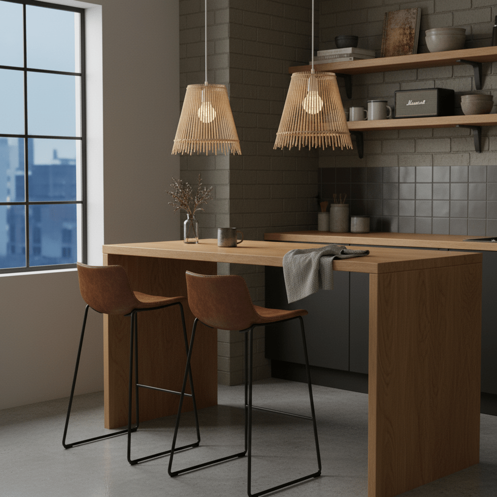 Pendant light hanging height guide for Cape Town kitchens, realistic pendant lights 75 to 90cm above island, warm 3000K lighting, practical sightline clearance, 800x800 composition