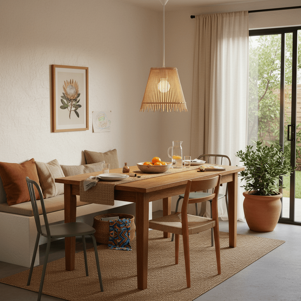 Shop bamboo pendant lights in South Africa, natural woven pendant light for dining rooms and living spaces, clean 800x800 ecommerce lifestyle composition