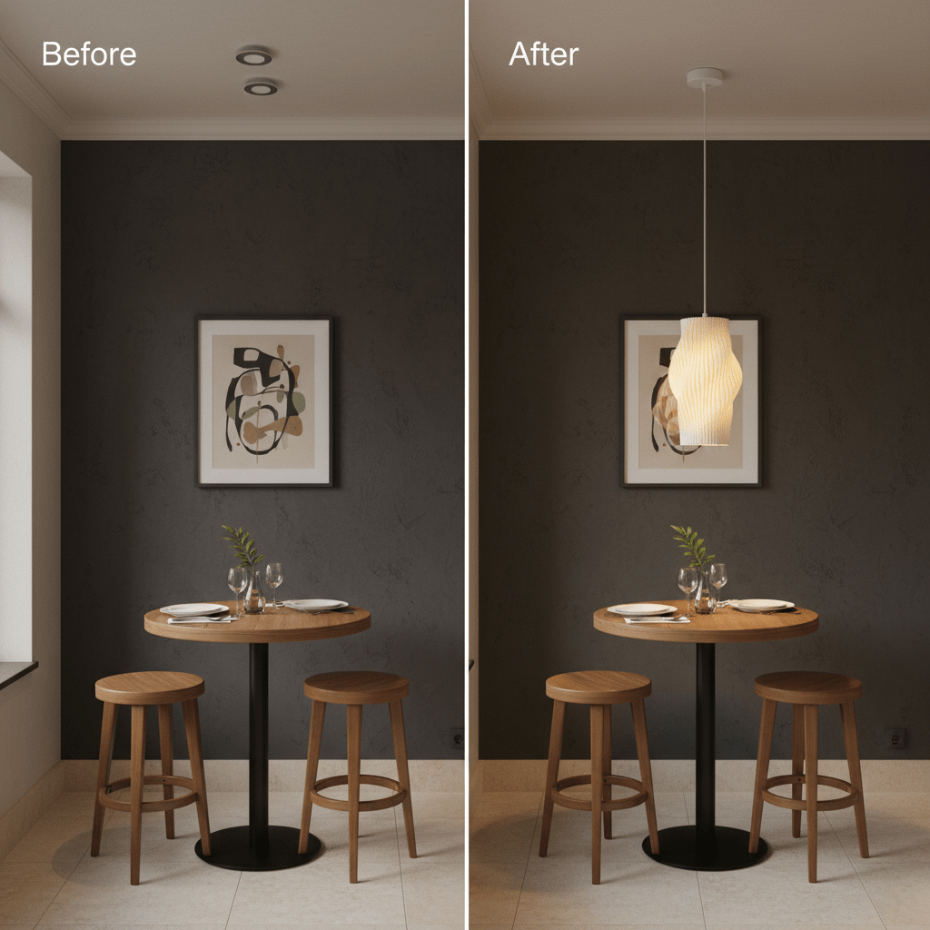 Before and after comparison of a dining area featuring the Dahlia pendant light above a wooden table.