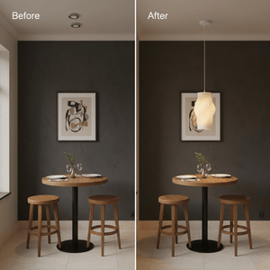 Before and after comparison of a dining area featuring the Dahlia pendant light above a wooden table.