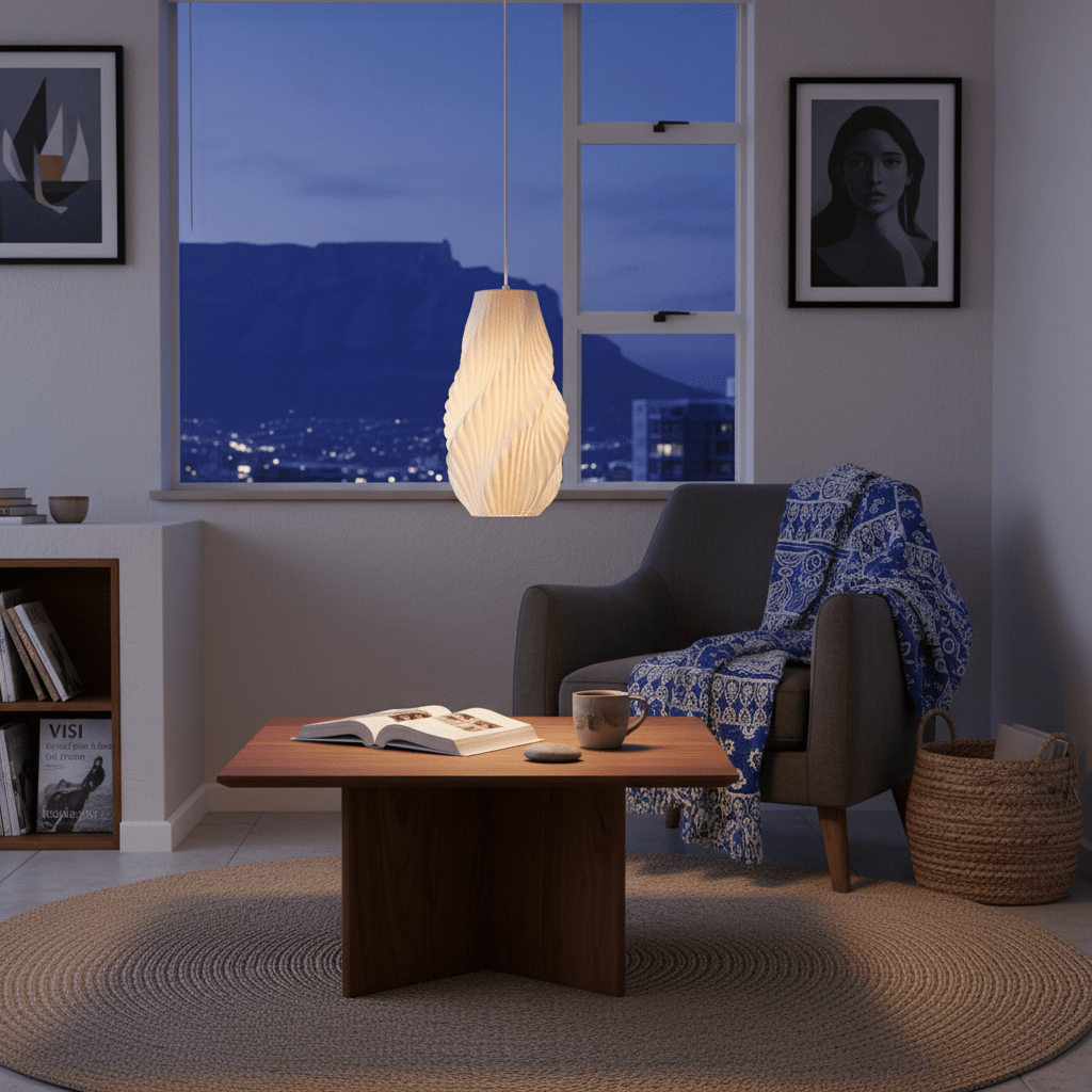 A Snowdrop 3D Printed White Pendant light hangs above a wooden coffee table in a cozy lounge setting.