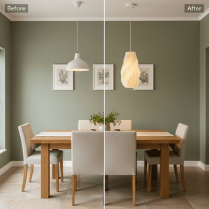 Before and after comparison of a dining area featuring a white pendant light above a wooden table.