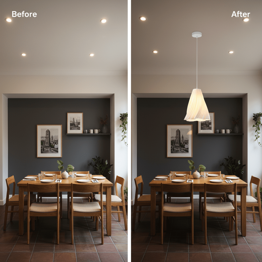 A dining area before and after installation of a white pendant light, showcasing a modern transformation.