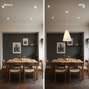 A dining area before and after installation of a white pendant light, showcasing a modern transformation.