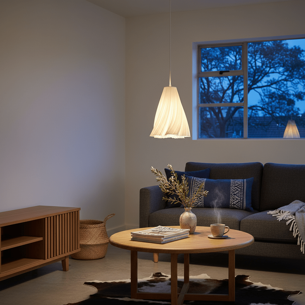 A stylish white pendant light hangs above a wooden coffee table in a cozy living room setting.