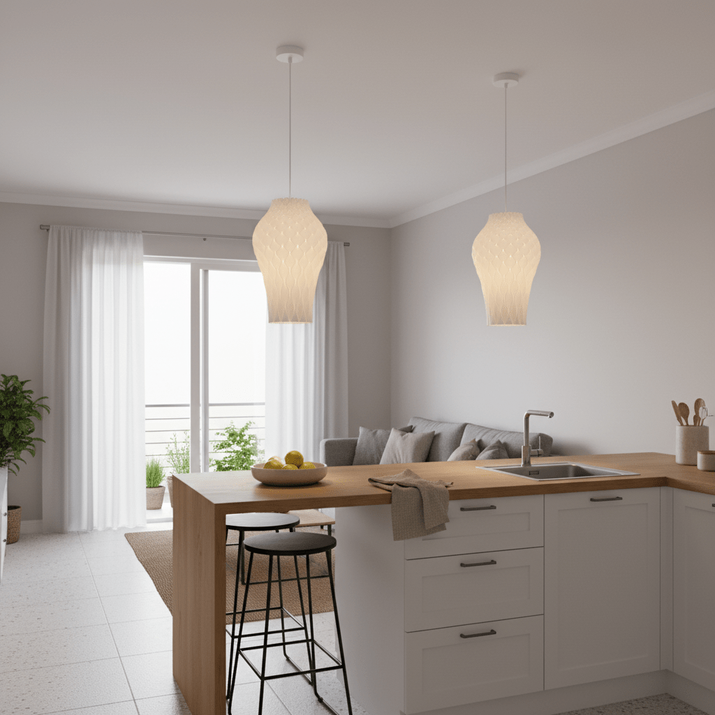 Two Bluebell pendant lights hang over a wooden kitchen island, illuminating a modern, airy space.