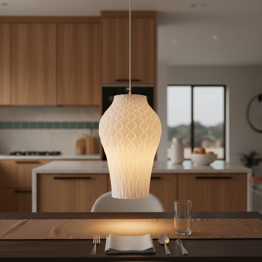 Stylish white pendant light hanging over a dining table, illuminating a cozy setting.