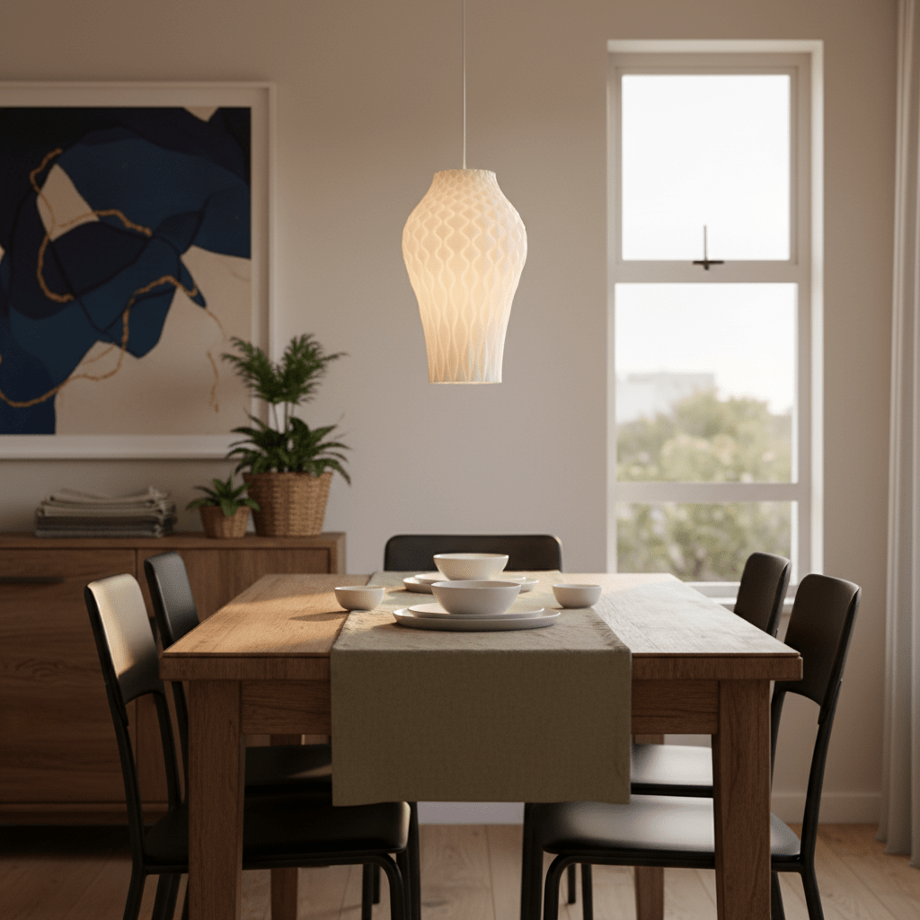A white 3D printed pendant light hangs above a dining table set with plates and a table runner.