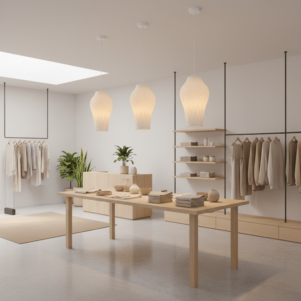 Three Bluebell pendant lights hang above a wooden table in a modern retail space, showcasing a clean aesthetic.