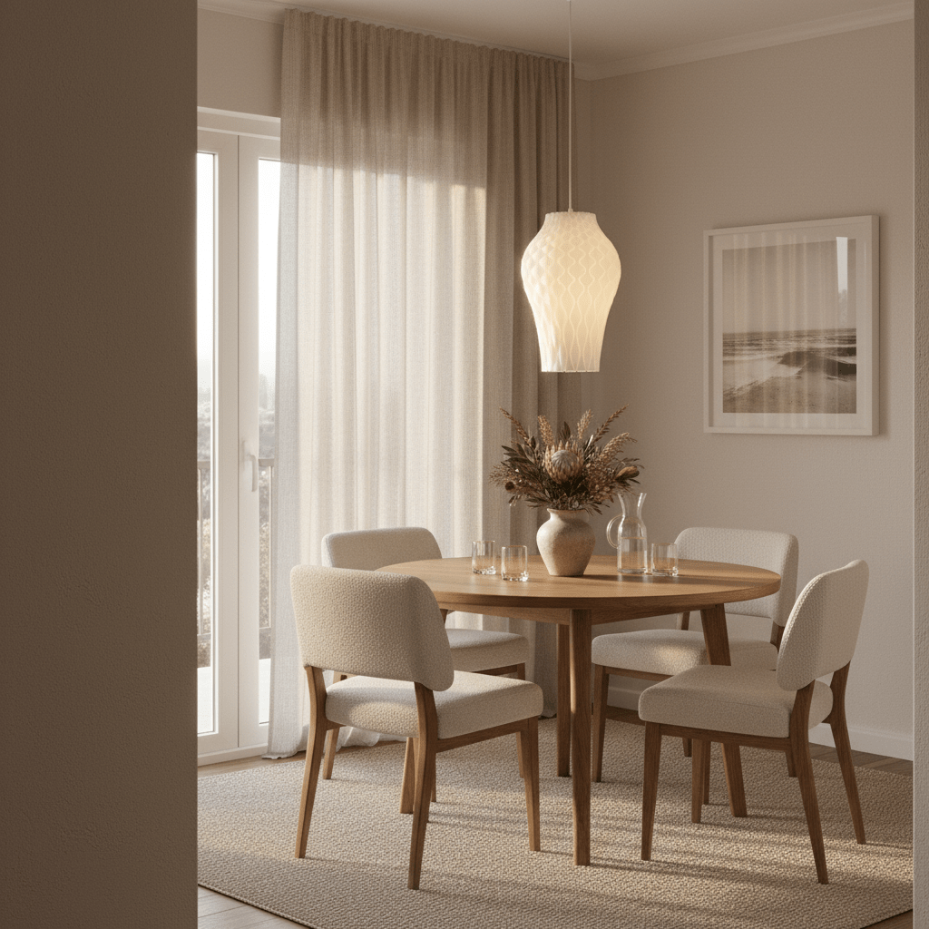 A stylish dining area featuring a Bluebell pendant light above a round wooden table with soft chairs.