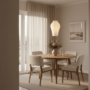 A stylish dining area featuring a Bluebell pendant light above a round wooden table with soft chairs.