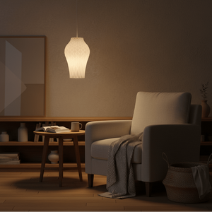 A softly lit room featuring a white pendant light above a cozy armchair and side table with a book and cup.