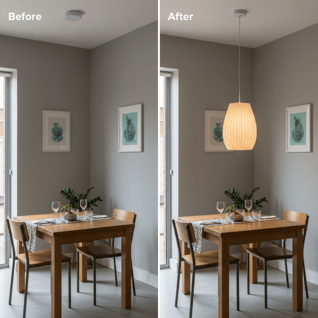 Before and after image showing a dining area transformation with the Orchid pendant light installed.
