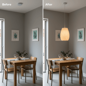 Before and after image showing a dining area transformation with the Orchid pendant light installed.