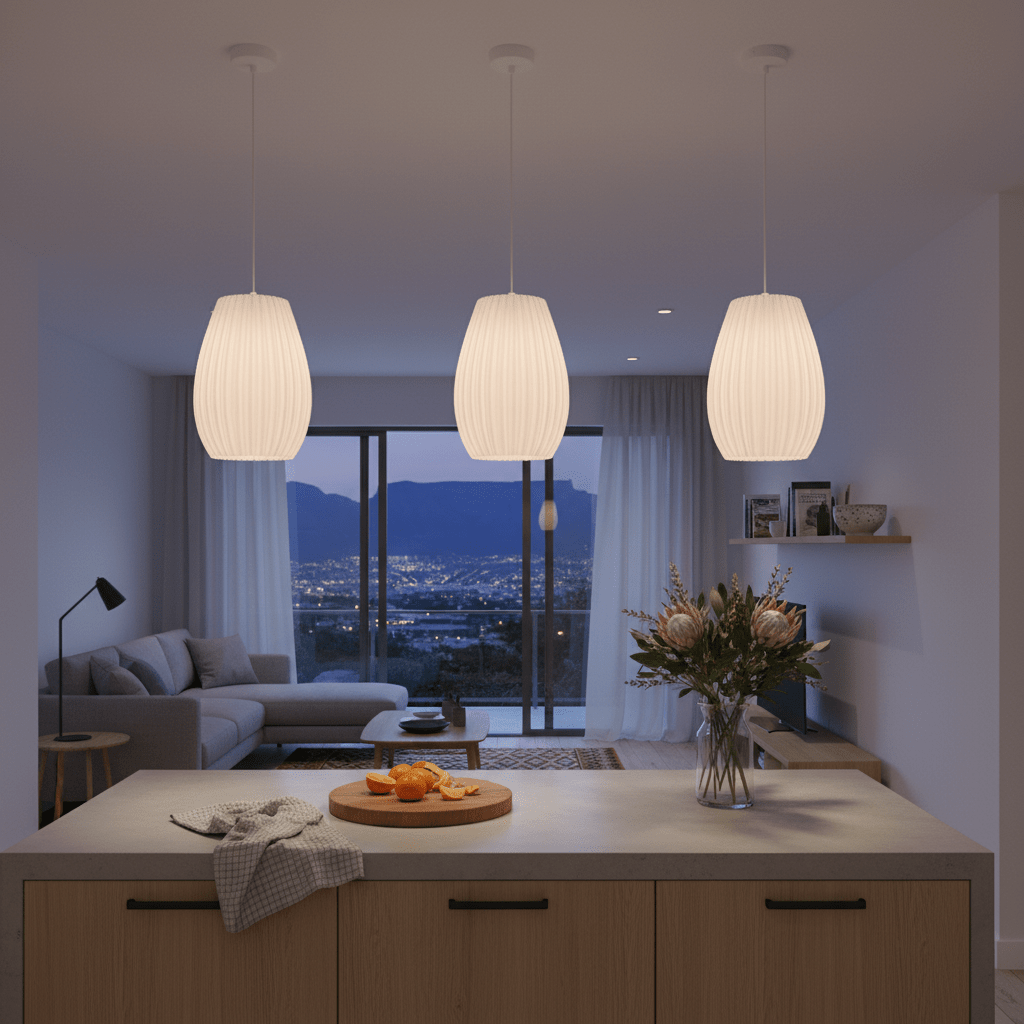 Three white 3D-printed pendant lights hang above a kitchen island, illuminating a modern living space.