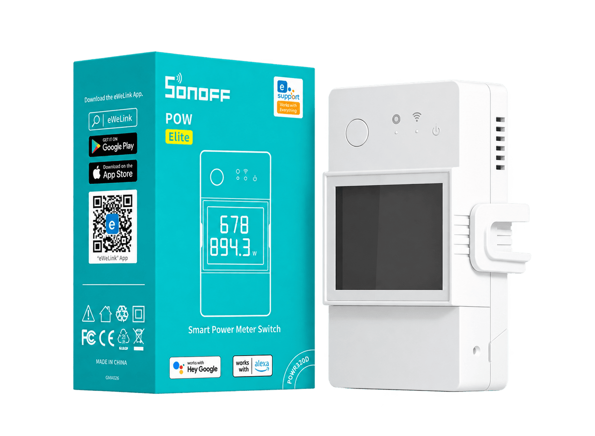 Sonoff POWR320D smart power meter and retail box on a transparent background