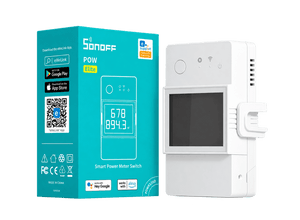 Sonoff POWR320D smart power meter and retail box on a transparent background