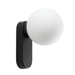 Matt black wall light featuring a round opal glass shade, sleek modern design, mounted on wall.