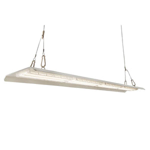 LED Hanging Linear High Bay light with a sleek white aluminum design, suspended by chains.
